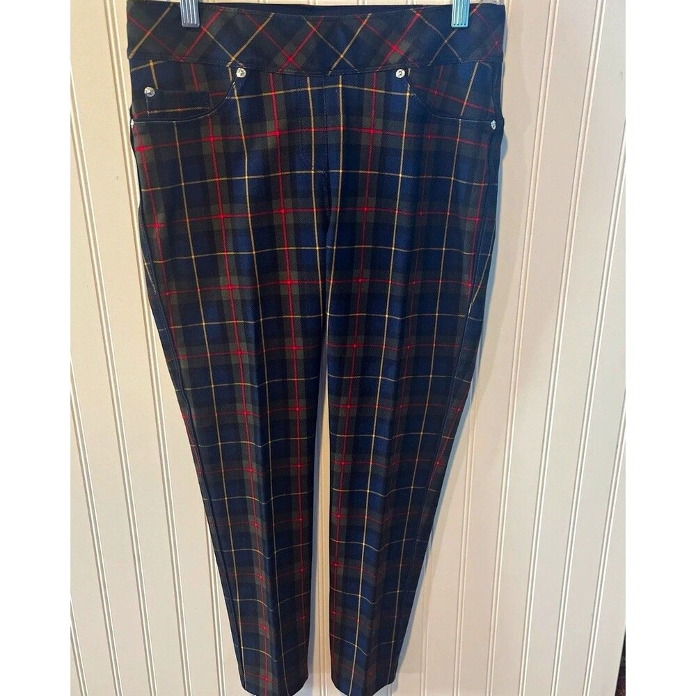 NYGÅRD Luxe Slims Women’s Mid Rise Stretch Navy Red Green Plaid Tartan Jegging M